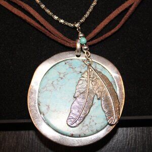 Combo Necklace-Faux Silver Turquoise Pendant on leather with feathers on chain